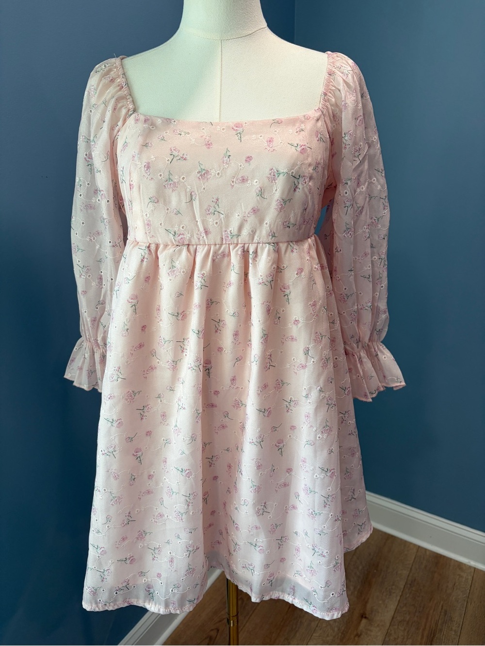 THIRTY/THIRTY Pink Floral Eyelet Babydoll Mini Dress Medium Cottagecore